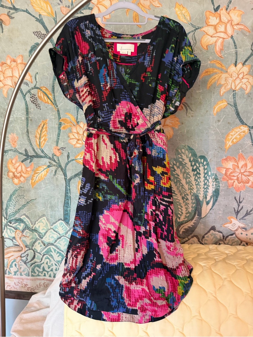 Anthropologie Abstract Floral Faux Wrap Midi Dress Size Small Boho Art Print